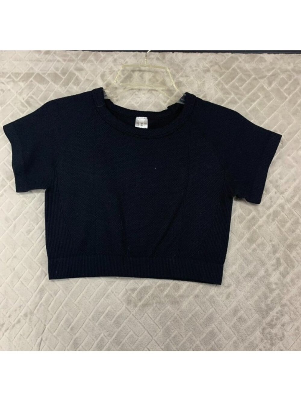 New Mix Shirt Womens M Black Cropped Short Sleeve Athletic Gym Waffle Textured